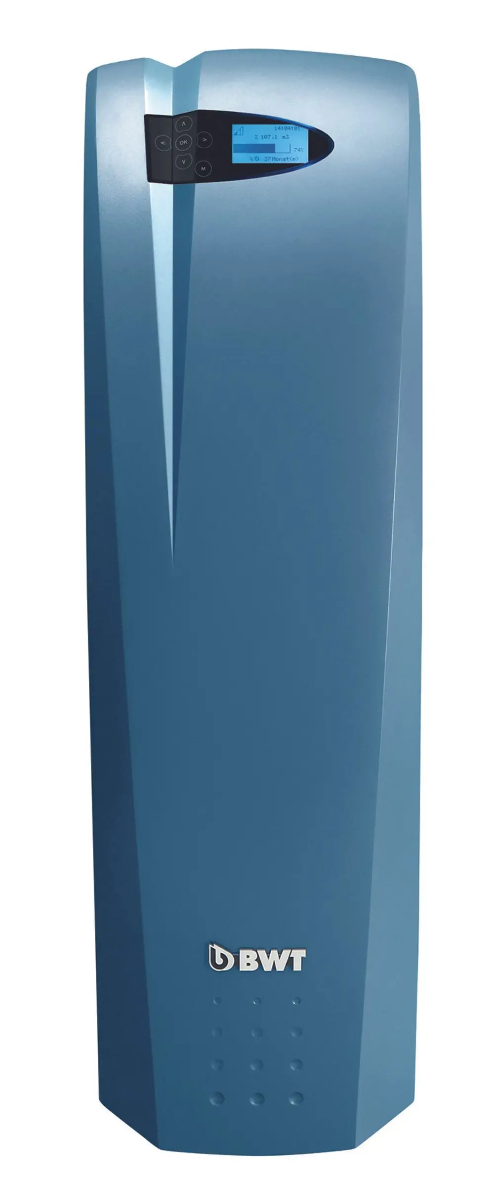 Vertikales Gerät in blauer Farbgebung mit BWT-Logo und digitalem Display zur Anzeige von Betriebsinformationen.